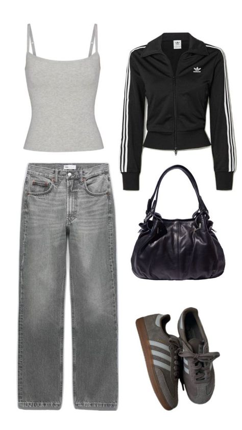 Fit For School, Outfit Grey, Outfit Adidas, Black Handbag, Grey Jeans, Cute Outfit, Casual Fit, Not Mine, Adidas