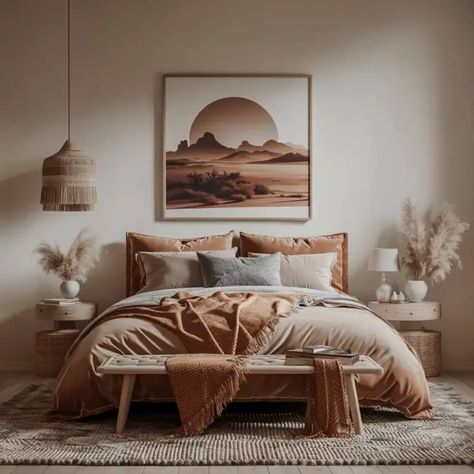 12 Stunning Western Bedroom Ideas to Inspire Your Decor 4 Neutral Western Bedroom, Desert Inspired Bedroom, Boho Western Bedroom, Western Themed Bedroom, Bedrooms Boho, Western Bedroom Ideas, Cabin Bedroom Ideas, Western Bedrooms, Bedroom Looks