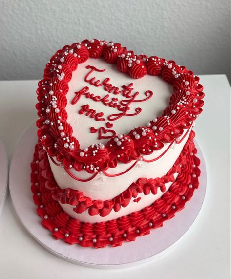 Red 21st Birthday Cake, Red And White Heart Cake, Red Cake Decoration Birthday, Red Bday Cake, Romina Core, Red And White Birthday Cake, Red White Cake, Red Velvet Heart Cake, Red Heart Cake