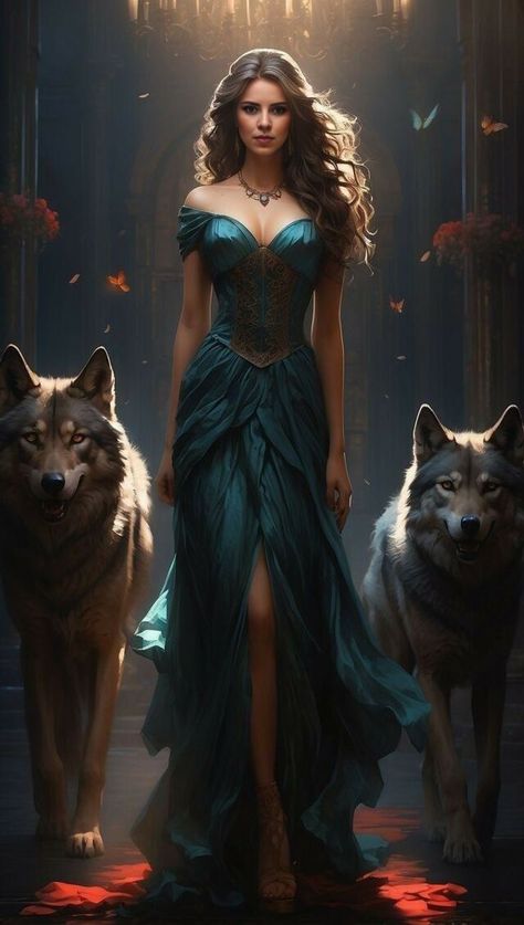 Wolf Goddess, Woman In A Dress, Werewolf Girl, Greek Goddess Art, Werewolf Aesthetic, Fairytale Gown, Wolves And Women, Scarlet Witch Marvel, Greek Gods And Goddesses