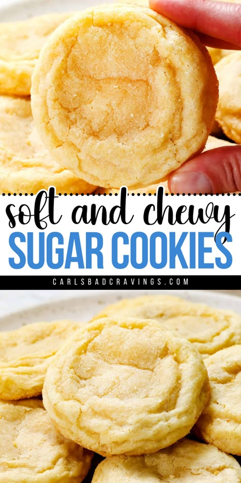 Always a must-have holiday baking idea! These are the BEST Sugar Cookies. Not only is this Christmas cookie recipe thick, soft, and chewy, but it is also infused with vanilla and almond extract! Enjoy them plain or decorate them! Sugar Cookie Desserts, Soft And Chewy Sugar Cookies, Chewy Sugar Cookie Recipe, Sugar Cookie Recipe Easy, Recipes Asian, Ranch Pasta, Easy Christmas Cookie Recipes, Chewy Sugar Cookies, Soft Sugar