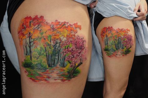 Fall tree, nature scene Tattoo done by Angela Grace at Damask Tattoo in Seattle, WA Fall Scene Tattoo, Fall Trees Tattoo, Fall Tree Tattoo, Maple Tree Tattoo, Scene Tattoos, Damask Tattoo, Maple Tree Tattoos, Scene Tattoo, Nature Scene Tattoo