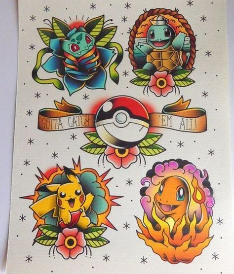 Cool traditional Pokemon: Bulbasaur, Charmander, Pikachu and Squirtle. "Gotta catch them all!". Style: Old School. Color: Colorful. Tags: Creative, Beautiful, Awesome Gengar Tattoo, Pokemon Tattoos, Pikachu Tattoo, Ghost Pokemon, Pokemon Tattoo, Pokémon Stuff, Kawaii Tattoo, Tattoo Flash Sheet, Gaming Tattoo