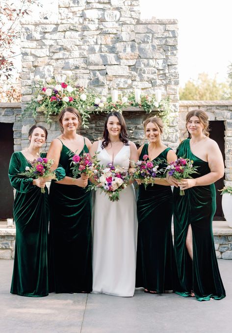 bridal party photos, bridal outfit inspiration, velvet green bridesmaid dresses, Jewel toned Wedding Colour palette Velvet Green Bridesmaid Dresses, Royal Purple Bridesmaid Dress, Wedding Sofa, Pine Wedding, Olive Green Bridesmaid Dresses, Boho Wedding Colors, Emerald Green Bridesmaid Dresses, Dark Green Bridesmaid Dress, Teal Bridesmaid Dresses