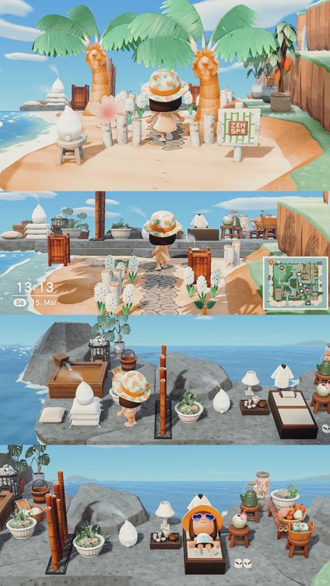 Small Beach Ideas Animal Crossing, Beach Spa Acnh, Acnh Beach Rock Ideas, Acnh Beach Design Ideas, Animal Crossing Beach Spa, Acnh Spa, Acnh Beach, Jamaica Island, Japanese Spa