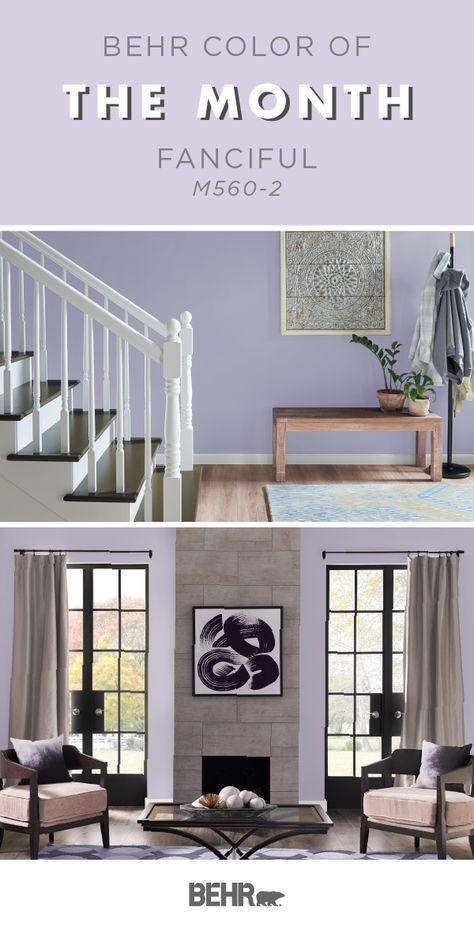 Add a playful twist to the interior design of your home with the Behr Paint Color of the Month: Fanciful. A light pastel shade of purple, this wall color is the perfect way to refresh your front entryway, living room, and more for spring. Click below for more home decor inspiration. Behr Lavender Paint, Behr Fanciful, Lavendar Paint, Purple Paint Colors Bedroom, Grey Purple Paint, Purple Wall Paint, Bedroom Pics, Purple Paint Colors, Bathroom Upstairs