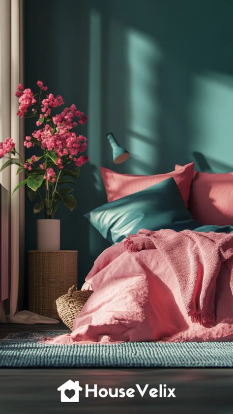 Pink and Teal Combination Updated Pink Teal Bedroom, Pink And Teal Bedroom, Teal And Pink Bedroom, Pink Bedspread, Pink Bedroom Ideas, Teal Bedroom, Ombre Wall, Neutral Furniture, Apartment Goals