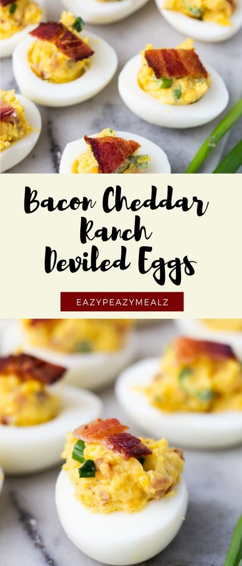 Low carb and delicious this BACON CHEDDAR RANCH DEVILE EGGS are bomb. Creamy deviled egg filling with bacon! Deviled Egg Filling, Ranch Deviled Eggs, Sriracha Deviled Eggs, Thanksgiving Deviled Eggs, Healthy Deviled Eggs, Perfect Deviled Eggs, Deviled Eggs Recipe Easy, Devilled Eggs Recipe Best, Deviled Eggs Recipe Classic