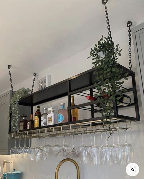 image of wall hanging bar Cocktail Bar Shelves, Bar Hanging Shelves, Bar Shelves Ideas, Cocktail Bar Home, Bar Glass Rack, Green Bars, Ceiling Shelf, Wall Bar Shelf, Home Mini Bar