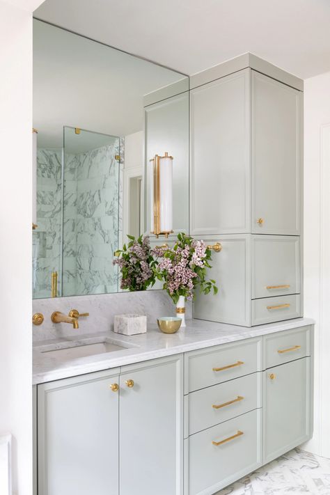 Kristen Nix Interiors Vanity With Full Height Storage, Double Vanity With Linen Cabinet, Farrow And Ball Mizzle, Vanity With Linen Cabinet, Cabinet Panel, Industrial Sink, Custom Bathroom Cabinets, Floor To Ceiling Cabinets, Georgia House