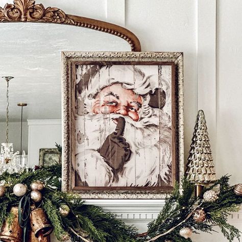 Rustic Vintage Inspired Santa Beige Framed Wall Decor Farmhouse Mantle Decor, Mexico Christmas, Antique Farmhouse Decor, Antique Christmas Tree, Glass Dome Display, Christmas Mantle Decor, Santa Pictures, French Cottage, Holiday Centerpieces