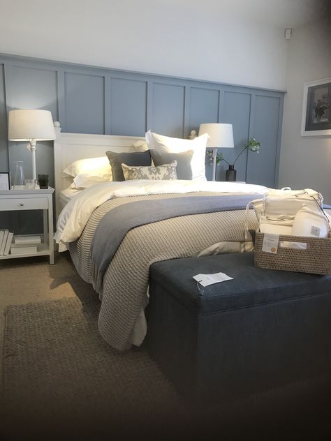 Bedroom Panelling Grey Carpet, White Panelling Blue Walls, Full Panelled Walls Bedroom, Master Bedrooms Panelled Wall, Blue And White Panelling Bedroom, Loft Bedroom Wall Panelling, Blue Panel Bedroom, Panneling Rooms Bedroom Blue, Light Blue Panelling Bedroom