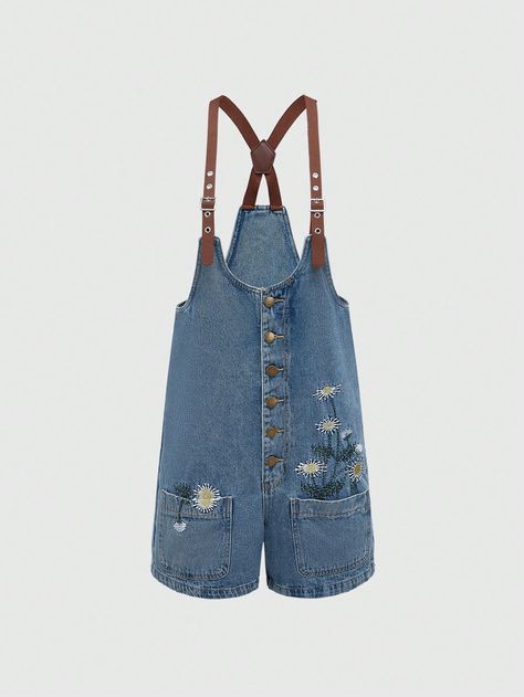 ROMWE Fairycore Country Style Daisy Printed Women's Denim Overalls And JumpsuitI discovered amazing products on SHEIN.com, come check them out! Romwe Fairycore, Womens Denim Overalls, Duck Shirt, Estilo Country, Style Punk, Shorts Denim, Daisy Print, Denim Overalls, Denim Jumpsuit