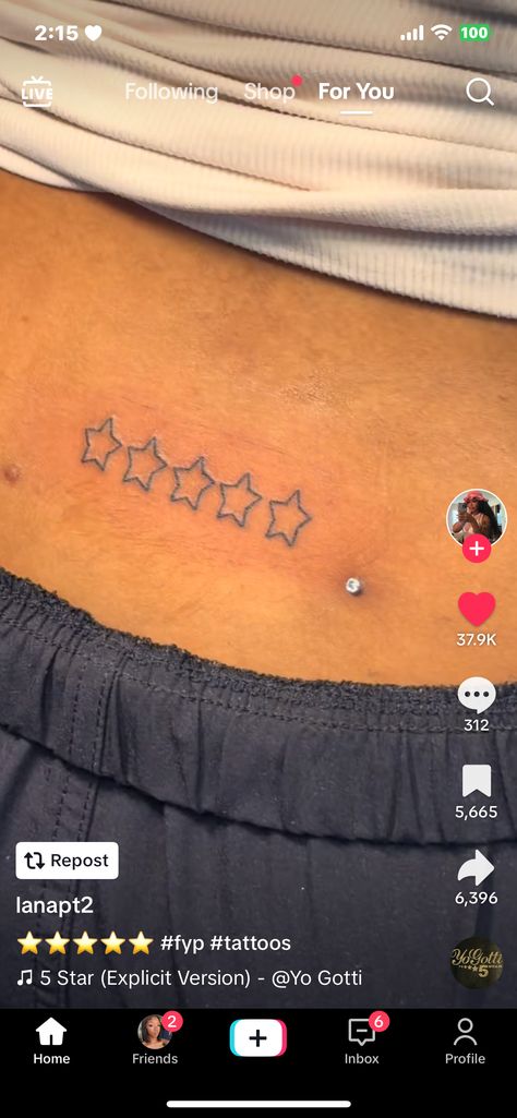 Star Tattoo On Belly, Small Torso Tattoo, Trampstamp Tattoo Aesthetic Words, Mwah Tattoo, Strap Stamp Tattoo, 5star Tattoo, Tramp Stand Tattoo Ideas, Star Lower Back Tattoos, Tramp Stamps Lower Backs Black Women