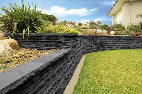 Backyard Garden Wall, Garden Wall Ideas, Concrete Block Retaining Wall, Diy Retaining Wall, Backyard Retaining Walls, Retaining Wall Block, Retaining Wall Design, Retaining Wall Blocks, Stacked Stone Walls