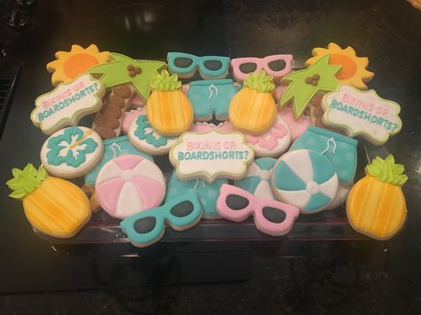 Bikini or Boardshorts Gender reveal cookies Bikinis Or Boardshorts Gender Reveal Cookies, Pool Party Gender Reveal Ideas, Pool Gender Reveal, Gender Reveal Pool Party, Pool Party Gender Reveal, Luau Gender Reveal Party, Beach Gender Reveal, Decorating Desserts, Creative Gender Reveals