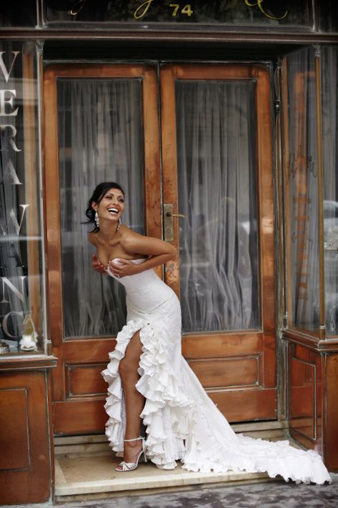 White sheath dress with Flamenco style ruffles - wedding photo by Jerry Ghionis Rainforest Wedding Dress, Flamenco Style Wedding Dress, Flamenco Wedding Dress, Jungle Wedding, White Sheath Dress, Wedding Pose, Dress Ruffles, Wedding Photo Gallery, Funny Wedding