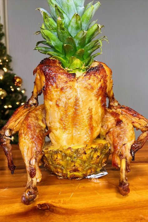 Pineapple roasted chicken Pineapple Stuffed Chicken, Pineapple Whole Chicken, Pineapple Roasted Chicken, Smoked Pineapple Chicken, Oven Pineapple Chicken, Baked Pineapple Bbq Chicken Breast, Bbq Chicken Stuffed Pineapple, Grilled Chicken And Pineapple Recipes, Pineapple Throne Chicken