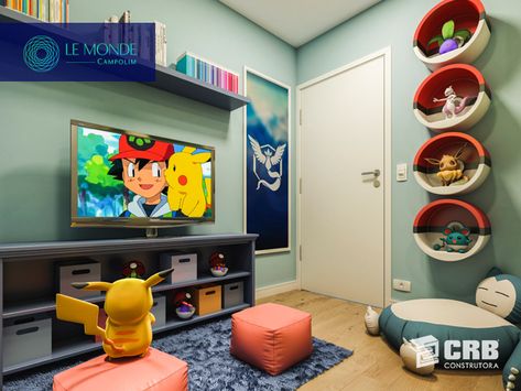 Diy Pokemon Decor Bedroom, Pokemon Interior Design, Pokemon Dresser Diy, Pokemon Inspired Bedroom, Pokemon Bedroom Decor, Pokémon Bedroom Ideas, Pokemon Playroom, Pokemon Room Ideas Kids, Pokemon Themed Bedroom