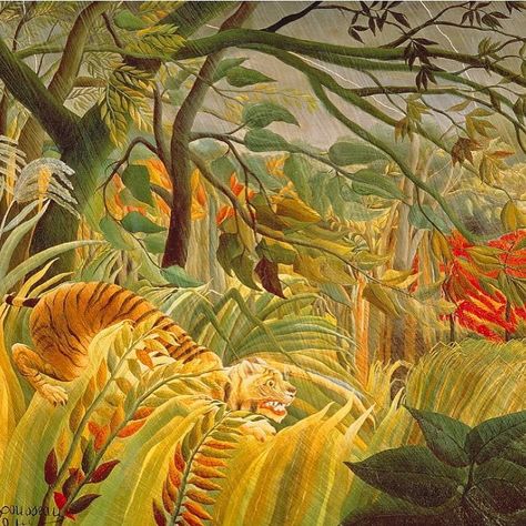 Saatchi Gallery on Instagram: “🐅 🐇 Celebrate Henri Rousseau and Albrecht Dürer’s birthdays with their animal art masterpieces, ‘Tiger in a Tropical Storm (Surprised!)’,…” #tropical #palm #art #rousseau #animals #master Art Mini Toile, Grandma Moses, Naïve Artist, Jungle Art, Camille Pissarro, Henri Rousseau, Wildlife Paintings, Tropical Storm, Textured Canvas Art