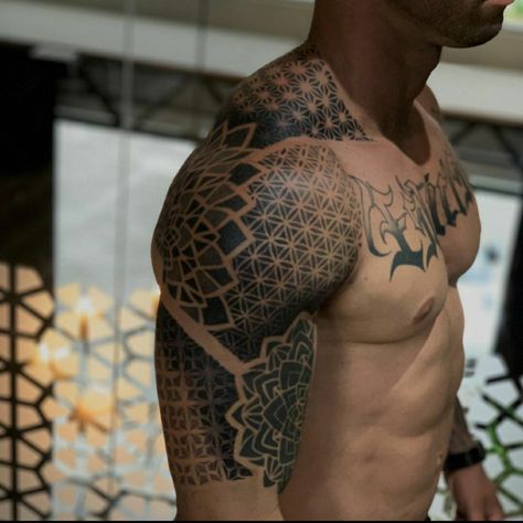 Geometric Mandala Leg Sleeve, Half Torso Tattoo Men, Geometry Shoulder Tattoo, Negative Space Chest Tattoo, Mens Geometric Tattoo Sleeve, Geometric Tattoo Design Shoulder, Scales Tattoo Men, Mandala Shoulder Tattoo Men, Egyptian Shoulder Tattoo