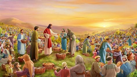 In the story of 5 Loaves and 2 Fish, the miracle of feeding 5,000 people performed by Jesus reveals God's authority and power as well as His thoughts, and His Feeding Of The 5000, Jesus Feeds 5000, Corpus Domini, Miracles Of Jesus, Bible Study Topics, Bible Images, Bible Pictures, Pictures Of Jesus Christ, Saint Esprit