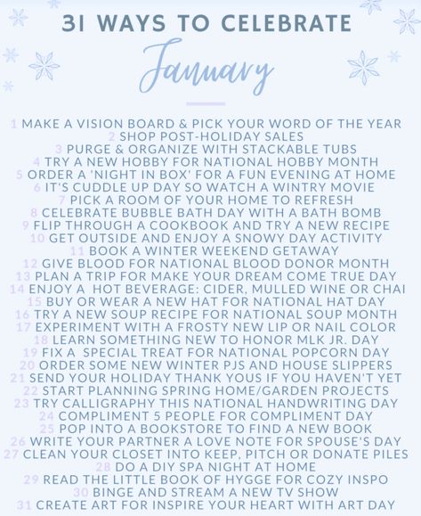 31 Ways To Celebrate January, January Days To Celebrate, Ways To Celebrate January, January Hosting Ideas, January Bucket List, January Checklist, Things To Do In January, January Vibes, January Planning