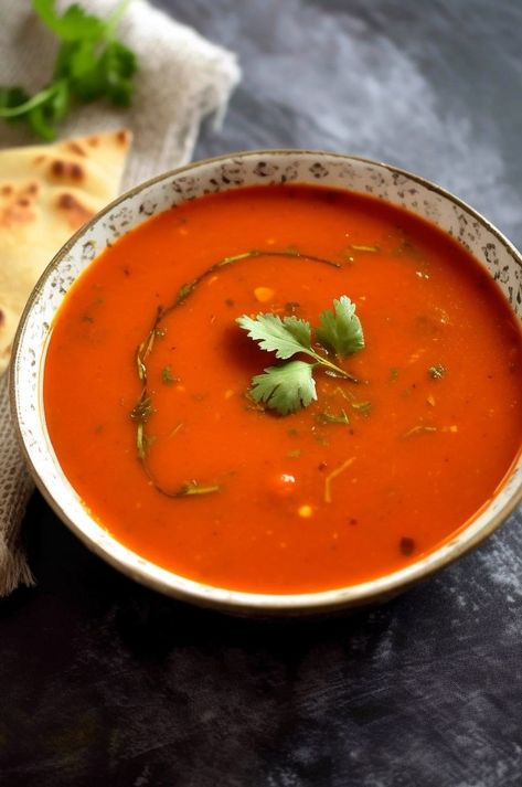 A delicious and flavorful Indian tomato soup recipe. Tomato Soup Recipe Indian, Indian Tomato Soup, Soup Pairings, Cream Of Tomato Soup, Cucumber Raita, Monte Cristo Sandwich, Green Chili Peppers, Tomato Soup Homemade, Tomato Soup Recipe