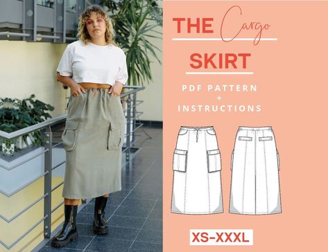 utility skirt sewing pattern Cargo Skirt Pattern, Instructions Design, T Shirt Sewing Pattern, Paper Sewing, Simple Tank Tops, Illustrated Instructions, Skirt Sewing Pattern, Midi Skirt Pattern, Sewing Machine Basics