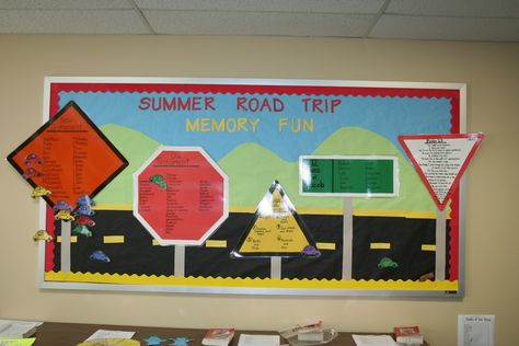 Sunday School Bulletin Board Ideas | The different signs on the bulletin board have the children's memory ... Road Trip Bulletin Board Ideas, Route 66 Theme, Trip Room, Adapted Pe, Race Theme, Road Trip Theme, Fire Theme, Energy Bus, Kindergarten Coloring