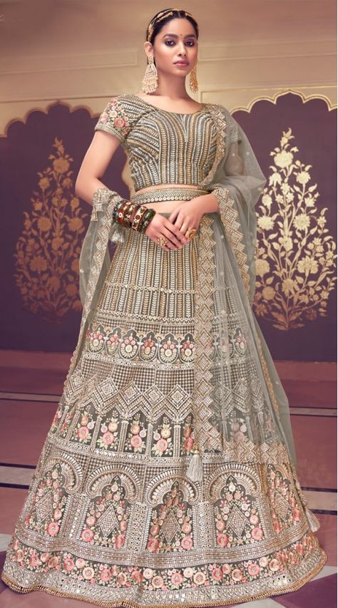 Grey Net Lehenga Choli Grey Lehenga, डिजाइनर कपड़े, Indian Wedding Lehenga, Bridesmaid Lehenga, Sabyasachi Lehenga, Party Wear Lehenga Choli, Bollywood Lehenga, Net Lehenga, Lehenga Choli Online