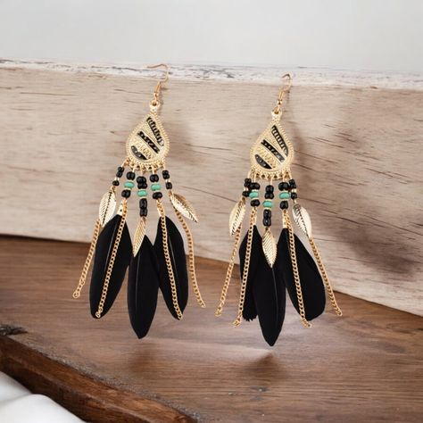 Fashion Jewelry Bohemian Black Rooster Feather Gold Leaf Beaded Tassel Earrings Black Rooster, Rooster Feathers, Beaded Tassel Earrings, Handmade Wire Jewelry, Handmade Wire, Beaded Tassels, Earrings Color, Bohemian Jewelry, Tassel Earrings