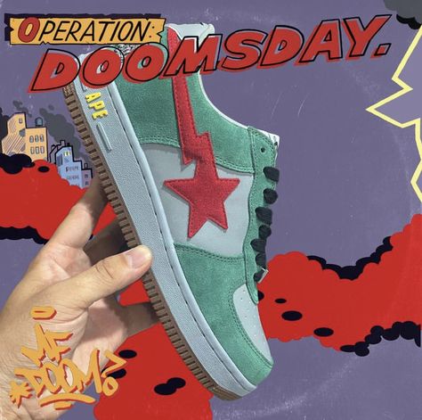 Made by: banditfootwear (on ig and tt) Released on October 19th 2022 #y2k #bapesta #shoes #Mfdoom #doomsay #bapeshoes #bape Mf Doom Bape Shoes, Mf Doom Bapesta, Mf Doom Shoes, Mr Doom, Operation Doomsday, Bapesta Shoes, Bape Shoes, Bape Sneakers, Mixed Boy