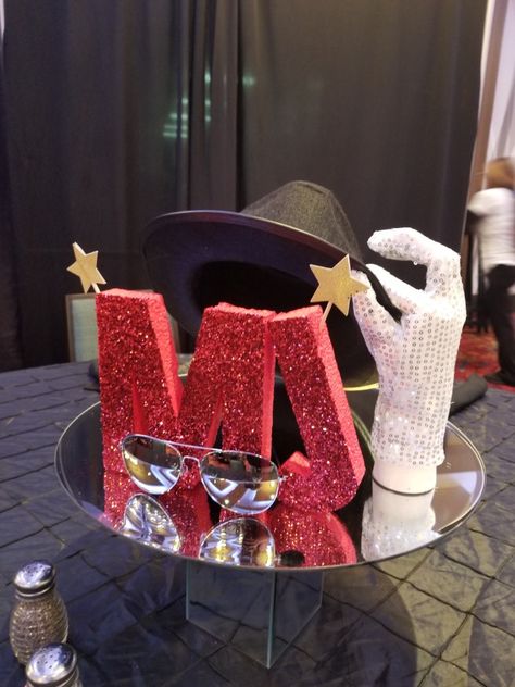 Michael Jackson centerpiece MJ Michael Jackson Themed Party, Michael Jackson Centerpieces, Michael Jackson Decorations Party, Michael Jackson Party Ideas Kids, Michael Jackson Themed Birthday Party, Michael Jackson Birthday Party Ideas, Michael Jackson Party Ideas, Michael Jackson Birthday Party, Michael Jackson Birthday