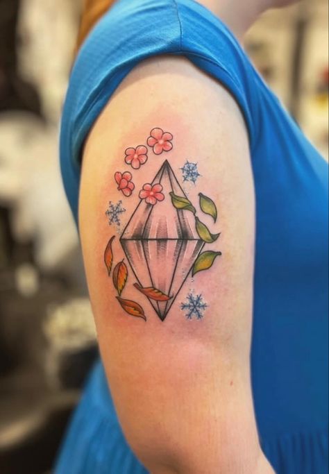 Sims Tattoo Ideas Real, Sims Plumbob Tattoo, Sims Tattoo Ideas, Plumbob Tattoo, Four Seasons Tattoo, Seasons Tattoo, Sims Tattoo, Sims Plumbob, Watercolor Tattoo Artists