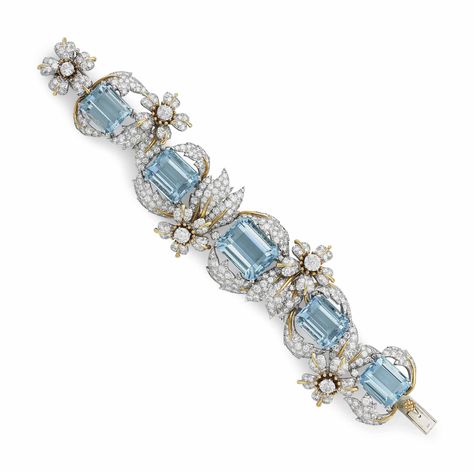 AN AQUAMARINE AND DIAMOND 'LEAVES AND FLOWERS' BRACELET, BY JEAN SCHLUMBERGER, TIFFANY & CO. | Christie's Christie's Jewelry, Tiffany Schlumberger, David Rockefeller, Jean Schlumberger, Extraordinary Design, Extraordinary Jewelry, Aquamarine Bracelet, Leaf Bracelet, Tiffany Jewelry