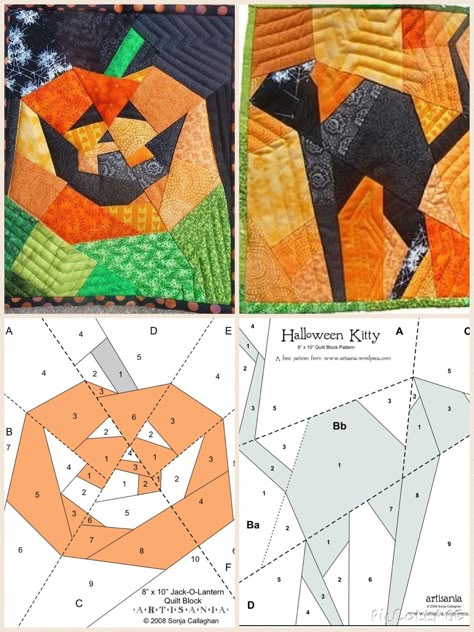 Halloween Quilt Pillow Patterns, Paper Pieced Pumpkin Patterns, Halloween Paper Piecing, Kitty Corn Quilt, Free Cat Quilt Patterns, Halloween Quilting Projects, Free Halloween Quilt Patterns, Quilting Guides, Cat Quilt Patterns