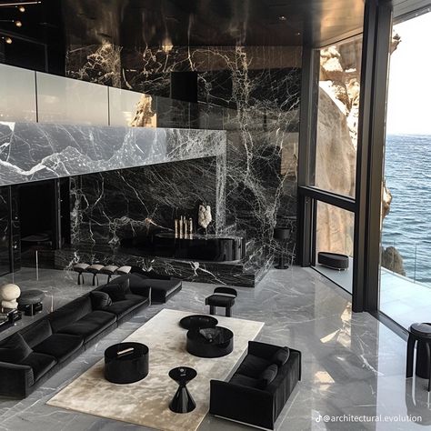 Black Luxury Interior, Luxury Black Interior, Penthouse Black Interior, Mansion Black Aesthetic, Pent House Aesthetic Dark, Luxury Apartment Living Room, Modern Dark Penthouse, Dark House Interior, Black Luxury House