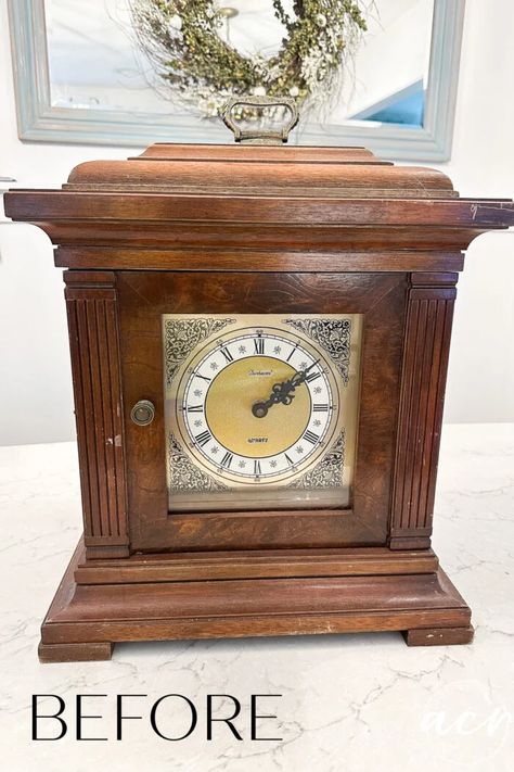 Clock Makeover, Painted Cedar Chest, Wall Clock Painting, Vintage Mantle, Antique Mantel Clocks, Driftwood Stain, Wooden Mantle, Antiquing Glaze, Light Colored Wood