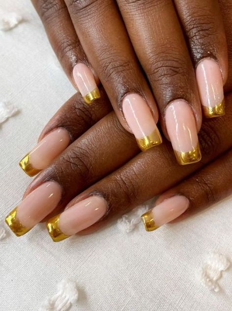 Gold French Tip Coffin, French Tip Coffin Nails, Shimmery Nail Polish, French Tip Coffin, Gold French Tip, Classic Nail Art, Pink French Manicure, Oval Shaped Nails, Nagellack Trends