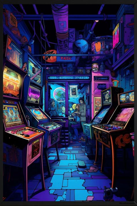 Cyberpunk Retro Arcade Print Cyber Punk Wall Art Arcade Room - Etsy Greece Gaming Art Aesthetic, Retro Arcade Wallpaper, Cyberpunk Room Concept Art, Arcade Aesthetic Wallpaper, Cyberpunk Arcade, Retro Cyberpunk Aesthetic, Retro Arcade Aesthetic, Cyberpunk Market, Futuristic Arcade