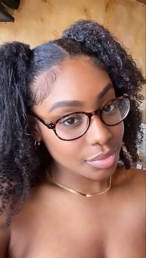 Curly half up, half down hairstyle w/ pig tails. #blackgirlshairstyles #curlyhairstylesforblackwomen #girlswithglasses #girlswithglasses #curlyhairstylesforblackwomen #goldjewelleryblackwoman Pig Tails Half Up Half Down Curly, Curly Pigtail Hairstyles Black Women, Two Pig Tails Hairstyles Half Up, Curly Pigtails Half Up Half Down, Side Part Pigtails Curly Hair, Half Up Half Down Pigtails Curly Hair, Pig Tails Hairstyles, Half Up Half Down, Girls With Glasses