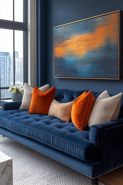 25 Blue and Orange Apartment Decor Trends You’ll Love Burnt Orange And Blue Living Room, Orange Apartment Decor, Orange Apartment, Blue And Orange Living Room, Orange And Light Blue, Living Room Orange, Apartment Aesthetic, Orange Accents, Building A Business