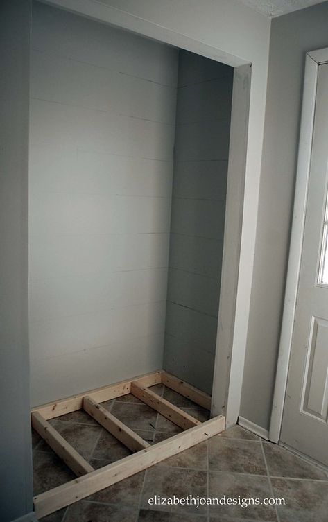 Closet Into Mudroom Entry Ways, Foyer Closet Makeover, Small Entry Closet, Shoes On The Floor, Mudroom Closet Makeover, Entryway Closet Makeover, Entryway Remodel, Small Closet Makeover, Foyer Closet