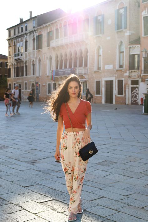 fall florals, what to wear in venice italy, orange crop top, gucci marmont mini malatesse, summer to fall outfit ideas Italy Outfits Summer, Summer Outfits Travel, European Travel Outfit, Orange Crop Top, Fall Florals, Italy Outfits, Gucci Marmont, Travel Outfit Summer, Paris Outfits