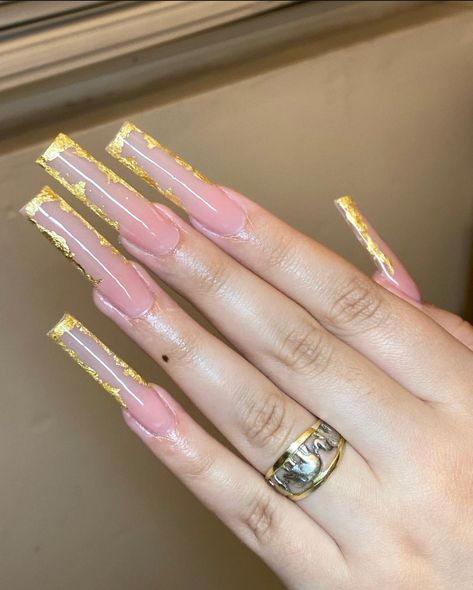 Acrylic Nail Designs Gold Foil, Gold Foil Nails Acrylics, Gold Foil On Nails, Acrylic Nails With Gold Foil, Nail Foil Ideas, Foil Nails Designs, Foil Nails Acrylic, Gold Foil Nail Designs, Gold Foil Nails