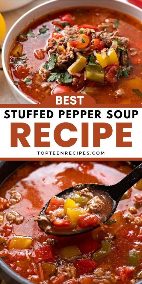 Stuffed bell pepper soup is a flavorful and hearty soup that is made with fresh yellow, green, and red bell peppers, ground beef and ground pork, Basmati rice, and a lot of tomatoes! It is very easy to prepare and you can use leftover stuffed pepper filling for this stuffed pepper soup recipe. Best Stuffed Pepper Soup, Stuffed Bell Pepper Soup, Peppers Ground Beef, Stuffed Pepper Soup Recipe, Green Pepper Soup, Pepper Soup Recipe, Stuffed Bell Pepper, Bell Pepper Soup, Hearty Soup Recipes