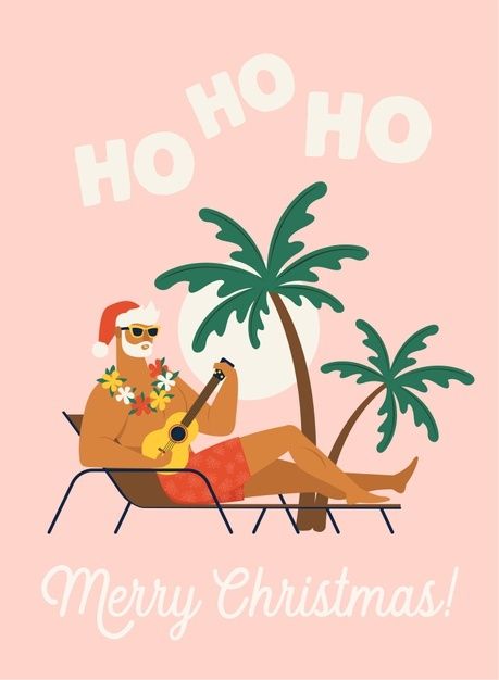 Beach Christmas Illustration, Tropical Christmas Illustration, Santa On Vacation, Christmas Snow Background, Christmas On The Beach, Summer Xmas, Santa Claus Illustration, Surfing Santa, Florida Holiday