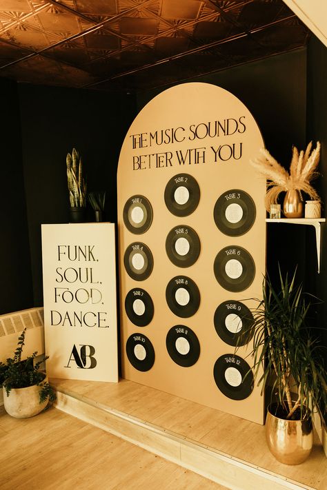 The record themed seating chart—a vinyl enthusiast's dream—guiding guests to their tables not just by seat number but by the tune of unique records. Record Table Chart, Vinyl Record Table Decor, Wedding Decor November, Seating Chart Records, Vinyl Party Ideas, Music Themed Backdrop, Records Wedding Decor, Record Table Plan, Vinyl Party Decorations