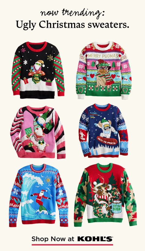 It’s that time of year to snatch up the wildest, wittiest and wackiest ugly Christmas sweater. From work parties to to holiday get-togethers, find the perfect ugly Christmas sweater for any occasion at Kohl’s and Kohls.com. Ugly Sweater Outfit, Christmas Sweater Outfit, Ugly Sweater Ideas, Ugly Sweater Outfits, Ugly Christmas Sweater Outfit, Christmas Sweater Outfits, Diy Ugly Christmas Sweater, Party Sweaters, Ugly Sweater Party